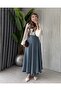Women's Pleated Design Long Denim Skirt with Seats - 5