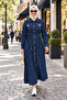 Women's Buttoned Beaded Belted Denim Navy Blue Dress - 3