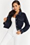 Navy Blue Staple Detailed Belted Cropped Women's Jacket - 2