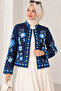 Women's Dark Blue Floral Embroidered Ethnic Patterned Denim Jeans Jacket Kimono - 2