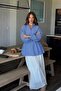 Women's Casual Gathered Striped Blue Balloon Sleeve Shirt - 2