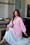 Women's Casual Gathered Striped Pink Balloon Sleeve Shirt - 3