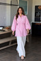 Women's Casual Gathered Striped Pink Balloon Sleeve Shirt - 5