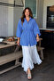 Women's Casual Gathered Striped Blue Balloon Sleeve Shirt - 5