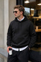 Men's Winter 3-Strand Fleece Hooded Oversize Sweatshirt with Cut-Out Pockets - Black