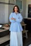 Women's Casual Gathered Striped B.Blue Balloon Sleeve Shirt - 2