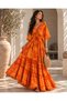 Silk Ethnic Patterned Bat Sleeve Ruffled Long Dress Std 36-42 - 3