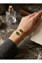 Green Stone Detailed Gold Color Open End Women's Bracelet - 4