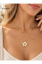 Women's Gold Double Row Chain Ecru Enamel Flower Necklace - 3