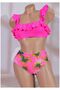 Fuchsia Strappy Ruffle Teen Bikini Set High Waist Palm Print Summer Beach Swimwear