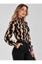 Women's Long Sleeve Patterned Blouse Stand Collar Gathered Cuff Stylish Casual Blouse - 4