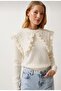 Women's Knitwear Sweater with Pearl and Ruffle Pattern Details - 7