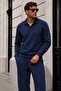 Men's Navy Blue Crep Polo Collar Sweat & Baggy Pants Bottom Top 2-Piece Set Ls-39174 - 3