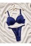 Navy Blue Patterned Lace Bra Panty Set with Metal Heart Detail - 2