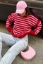 Women's Red Pink Striped Crew Neck Knitwear Sweater Nns025