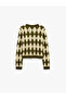 Buttoned Long Sleeve Crew Neck Argyle Patterned Cardigan - 6