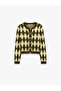 Buttoned Long Sleeve Crew Neck Argyle Patterned Cardigan - 5