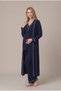 Women's Navy Blue Ribbed Buttoned Long Sleeve Maternity Pajama Set with Nursing Detail and Robe - 4