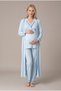 Women's Blue Ribbed Buttoned Long Sleeve Nursing Detailed Pajama Set with Dressing Gown for Maternity and Pregnancy - 2