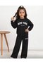 Girl's Black Crew Neck New York Printed Sweatshirt-Black Loose Fit Tracksuit Set - 2