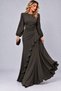 Women's Long Sleeve Crew Neck Chiffon Long Evening Dress with Ruffle and Volan Detail