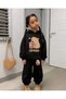 Girl's Black Hooded Heart Capy Bara Printed Sweatshirt-Black Tracksuit Set