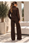 Brown Women's Lace Detailed Zippered Tracksuit Set – High Neck Top & Wide Leg Pants Two-Piece Set - 4