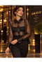 Women's Black Polka Dot Transparent Tulle Shirt – Long Sleeve with Satin Collar and Cuffs and Gold Buttons - 5