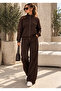 Brown Women's Lace Detailed Zippered Tracksuit Set – High Neck Top & Wide Leg Pants Two-Piece Set - 3