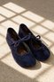 Pure Navy Blue Women's Genuine Leather Suede Mary Jane Ballerina Lace-Up Shoes