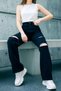 Lale Women's High Waist Black Ripped Wide Leg Jeans Lycra Denim Trousers - 2