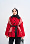 Women's Collared Suede Detailed Waist-Tie Short Lined Trench Coat Red