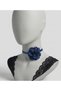 Navy Blue Satin Rose Figured Ribbon Choker Necklace - Navy Blue Stone Detailed Trendy Neck Collar Women's Choker - 2