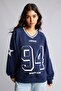 Oversize V-Neck Striped Collar Detailed Printed Sweatshirt I0201Ax26Au