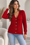 Women's Red Knitwear Cardigan V-Neck Knitted Patterned Buttoned Long Sleeve Stylish Cardigan