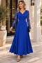 Timeless Elegance - Women's Long Sleeve Lace Sleeve Detailed V-Neck Long Crepe Dress
