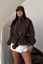 Women's Short Trench Coat with Zipper and Snap Fasteners, Elastic Waist, Lace Detail, Epaulettes, Long Sleeves, Stand Collar, Short