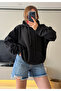 Black Sequin Embroidered Hooded Sweatshirt with Wing Detail - 4197 - 2