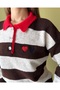 Striped Heart Embroidered Polo Collar Soft Sweater - 2