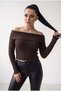 Women's Brown Extra Flexible S-M-L Compatible Madonna Semi-Crop Ribbed Blouse Sweater