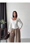Women's White Square Collar Long Sleeve Blouse with Lace on the Sleeves and Collar in Sandy Fabric - 6