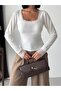 Women's White Square Collar Long Sleeve Blouse with Lace on the Sleeves and Collar in Sandy Fabric - 2