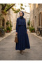Women's Stylish Shirt Collar Long Skirt Navy Blue Hijab Two-Piece Set - 2