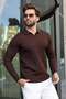 Brown Polo Collar Hair Knit Patterned Men's Knitwear Sweater E7519