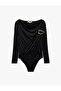 Draped Slim Fit Drape Collar Long Sleeve Snap Fastener Bodysuit with Metal Accessories - 5