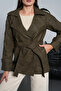 Women's Khaki Suede Look Faux Leather Belted Double-Breasted Buttoned Epaulet Short Trench Coat - 7