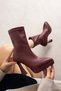 Talya Women's Burgundy Stretch Leather Pointed Toe Zippered Platform 11 cm Thick Heeled Boots Bootie