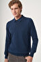 Indigo Polo Collar Long Sleeve Knitted Comfort Fit Cotton Sweater 1012265150 - 2