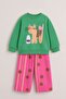 Girl's Green Cat Printed Cotton Sweatshirt and Pink Polka Dot Sweatpants Top and Bottom Set - 2