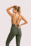 Women's Khaki Color Backless Cross Strap Gathering Yoga Pilates Leggings Sports Jumpsuit - 5